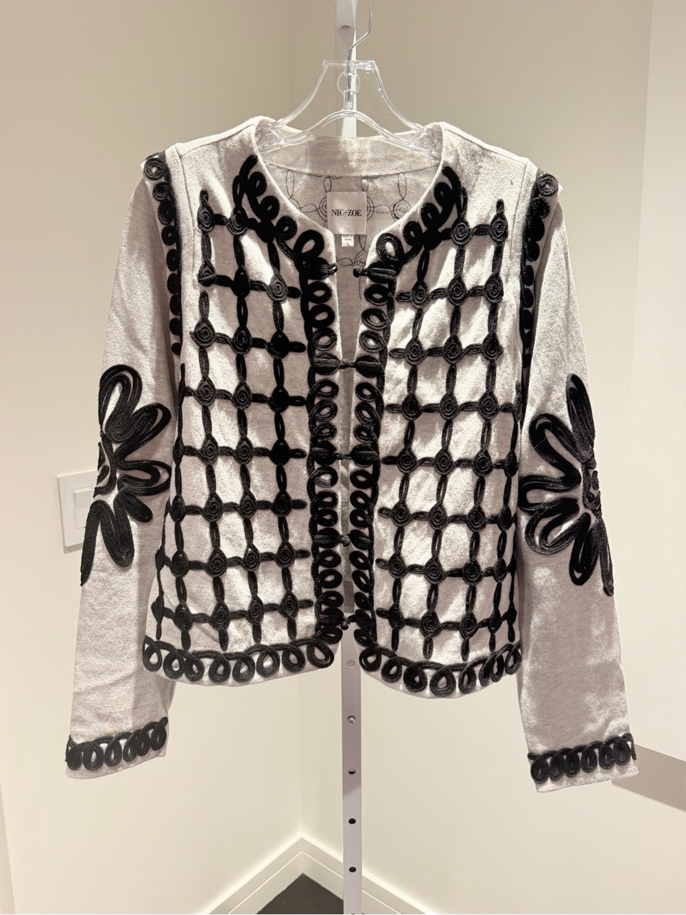 NIC+ZOE White Jacket with Black Embroidered Grid and Floral Accents